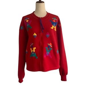 Vintage Peone Classics Red Full Zip Sweatshirt XL Grandma Folk Art Geometric USA